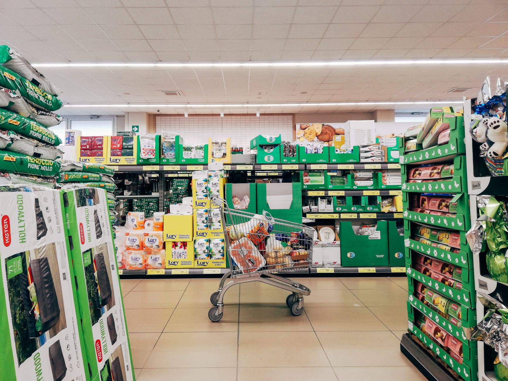 Grocery store shelves showing consumer goods and price tags